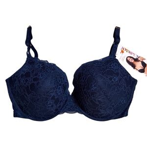 Push up bra medium lift plunge neckline In navy blue lace 36DD underwire NWT